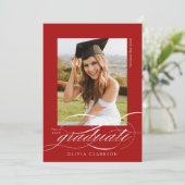 Rood Elegant Script QR Code Foto Afstudeerfeest Kaart (Staand voorkant)