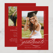 Rood Elegant Script QR Code Foto Afstudeerfeest Kaart (Voorkant / Achterkant)