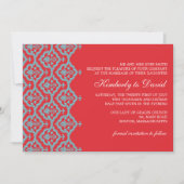 Rood en Aqua Damask Wedding Uitnodiging (Voorkant)