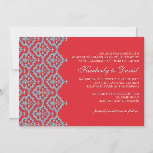 Rood en Aqua Damask Wedding Uitnodiging (Voorkant)