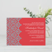 Rood en Aqua Damask Wedding Uitnodiging (Staand voorkant)