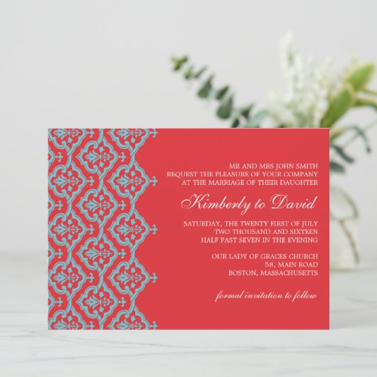 Rood en Aqua Damask Wedding Uitnodiging (Staand voorkant)