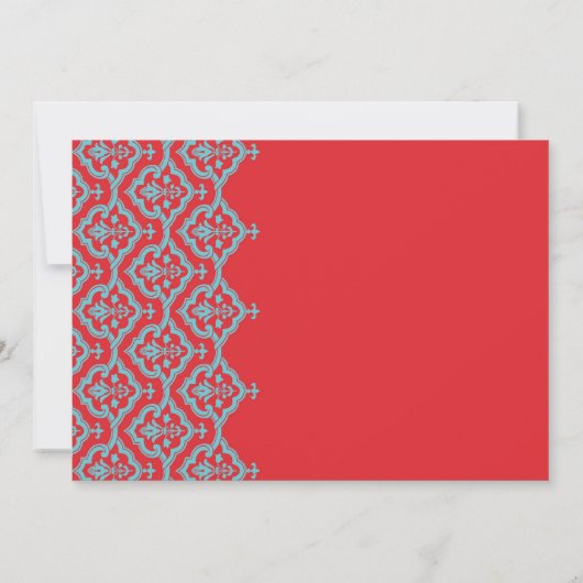 Rood en Aqua Damask Wedding Uitnodiging (Achterkant)