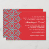 Rood en Aqua Damask Wedding Uitnodiging (Voorkant / Achterkant)