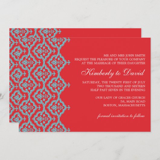 Rood en Aqua Damask Wedding Uitnodiging (Voorkant / Achterkant)
