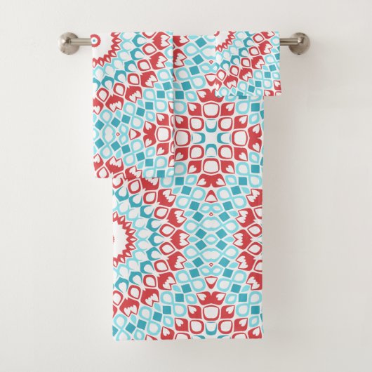 Rood en Aqua geometrisch Mandala patroon Bad Handdoek (Insitu)