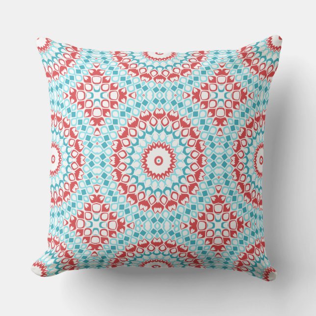 Rood en Aqua geometrisch Mandala patroon Kussen (Voorkant)