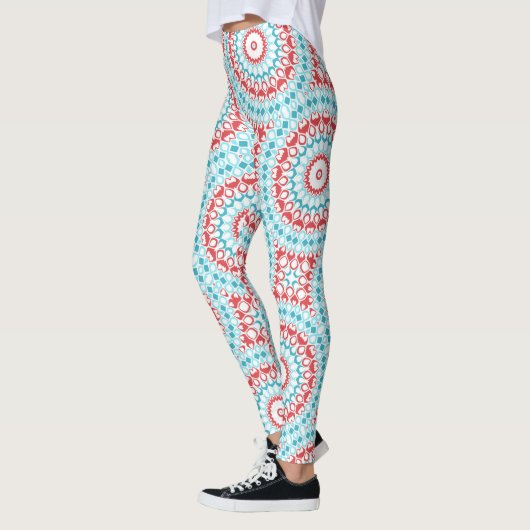 Rood en Aqua geometrisch Mandala patroon Leggings (Links)
