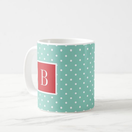 Rood en Aqua Polka Dots Monogram Koffiemok (Voorkant links)