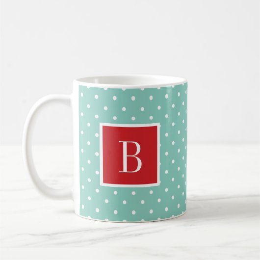 Rood en Aqua Polka Dots Monogram Koffiemok (Links)