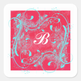 Rood en Aqua wervelt 1,5" Monogrammed Sticker