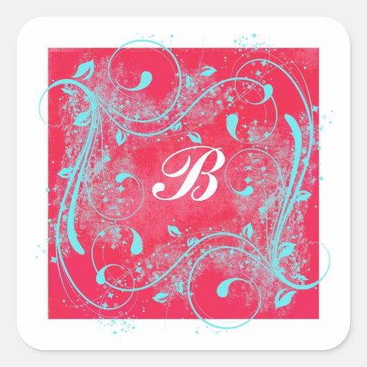 Rood en Aqua wervelt 1,5" Monogrammed Sticker (Voorkant)