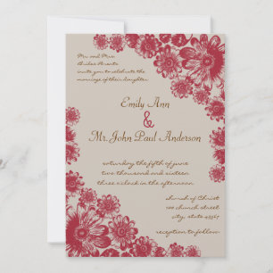 Rood en beige Daisy Wedding Invitations Kaart