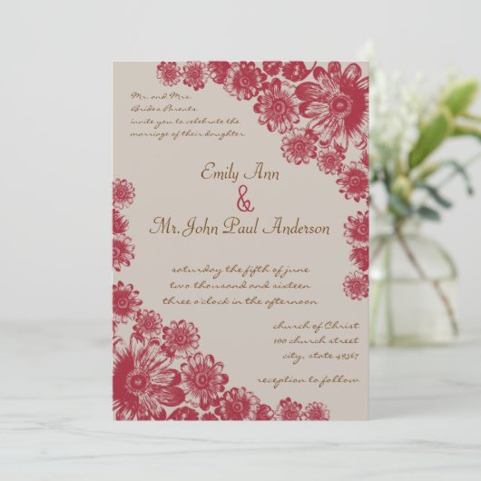 Rood en beige Daisy Wedding Invitations Kaart (Staand voorkant)