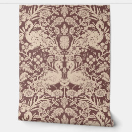 Rood en Beige Flamingo Bloemen Damast Wallpaper Behang