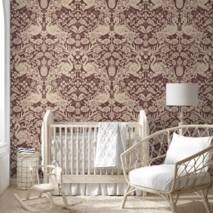 Rood en Beige Flamingo Bloemen Damast Wallpaper Behang