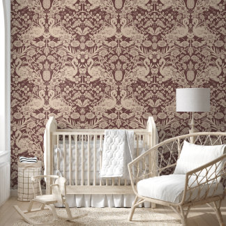 Rood en Beige Flamingo Bloemen Damast Wallpaper Behang
