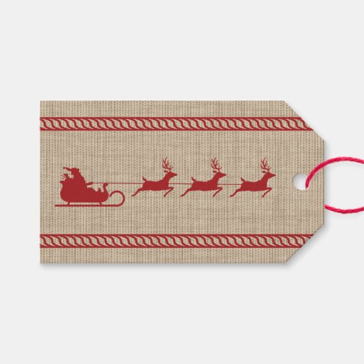 Rood- en beige kersttasje en aangepaste tekst cadeaulabel (Voorkant (Horizontaal))