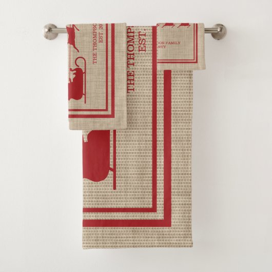 Rood- en beige kersttasje en familienaam bad handdoek (Insitu)