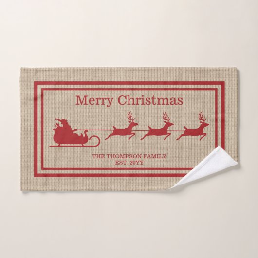 Rood- en beige kersttasje en familienaam bad handdoek (Handdoek)