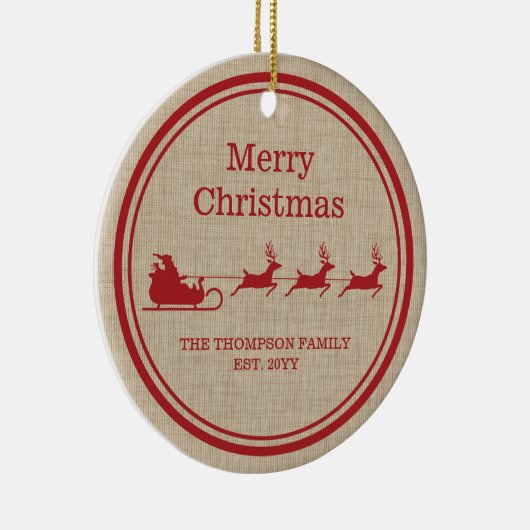 Rood- en beige kersttasje en familienaam keramisch ornament (Rechts)