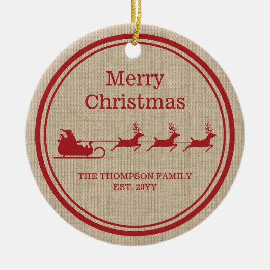 Rood- en beige kersttasje en familienaam keramisch ornament (Voorkant)