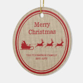 Rood- en beige kersttasje en familienaam keramisch ornament (Links)