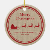 Rood- en beige kersttasje en familienaam keramisch ornament (Achterkant)