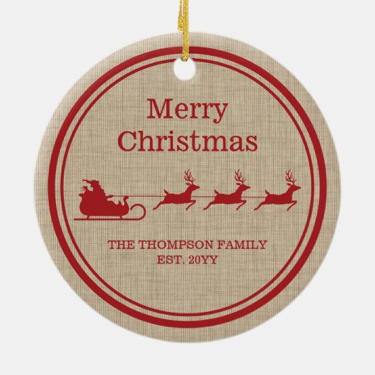 Rood- en beige kersttasje en familienaam keramisch ornament (Achterkant)