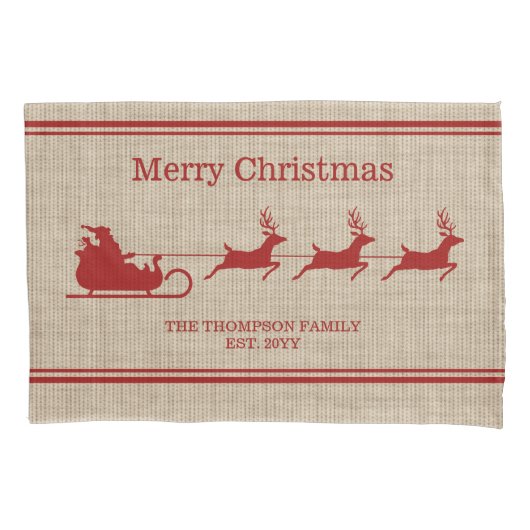 Rood- en beige kersttasje en familienaam kussensloop (Voorkant-Links)