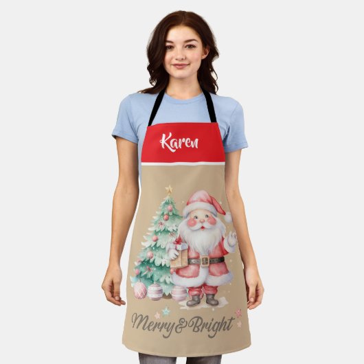 Rood en beige Merry & Bright script Sinterklaas Schort (Gedragen)