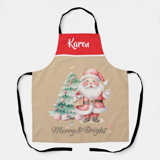 Rood en beige Merry & Bright script Sinterklaas Schort (Voorkant)