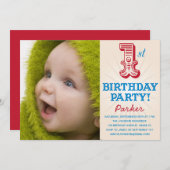 ROOD EN BLAUW 1E | EERSTE VERJAARDAG UITNODIGING (Voorkant / Achterkant)