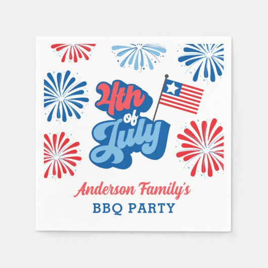 Rood en Blauw 4 juli Vuurwerk Retro BBQ Party Servet (Voorkant)
