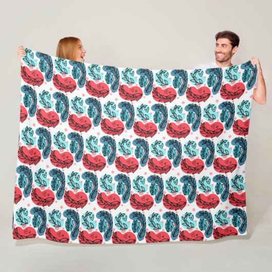 Rood en blauw Abstracte Planten Fleece Deken (In situ)