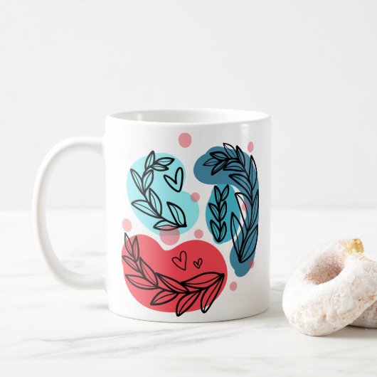 Rood en blauw Abstracte Planten Koffiemok (Met donut)