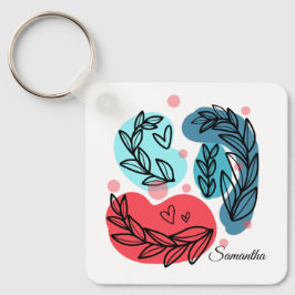 Rood en blauw Abstracte Planten Sleutelhanger
