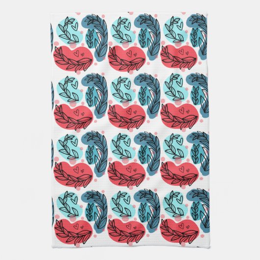 Rood en blauw Abstracte Planten Theedoek (Verticaal)