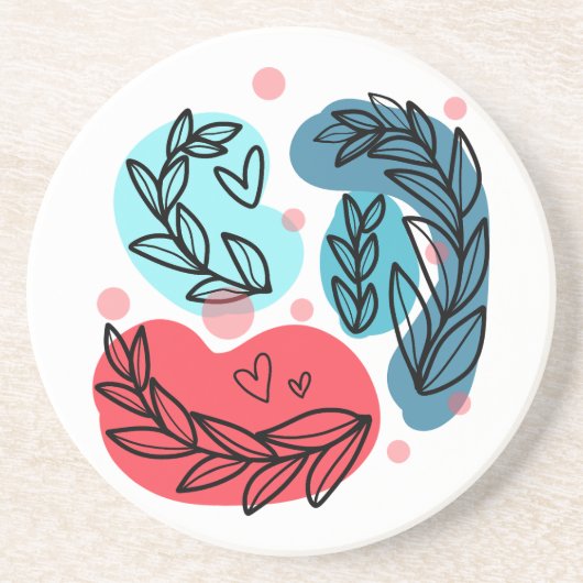 Rood en blauw Abstracte Planten Zandsteen Onderzetter (Voorkant)