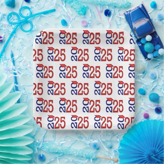 Rood en blauw Afstuderen 2025 Papieren Bordje (Feest)