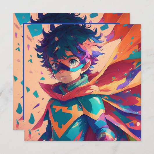 Rood en Blauw Anime Superheld Jongen Verjaardag Kaart (Voorkant / Achterkant)