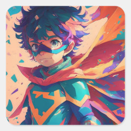 Rood en Blauw Anime Superhero Jongen met Kaap Vierkante Sticker