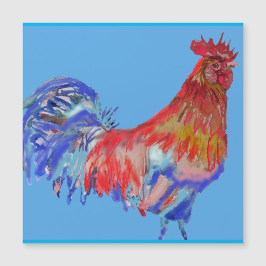 Rood en Blauw Aquarel Rooster Koelkast Magnet (Voorkant)