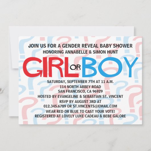 Rood en blauw Baby shower onthullen Uitnodigingen (Voorkant)