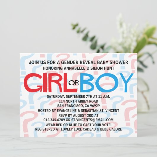 Rood en blauw Baby shower onthullen Uitnodigingen (Staand voorkant)