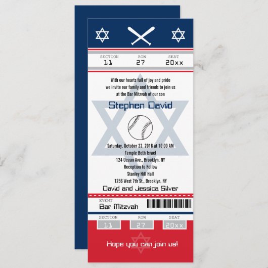 Rood en blauw Bar Mitswa Baseball Ticket Kaart (Voorkant / Achterkant)