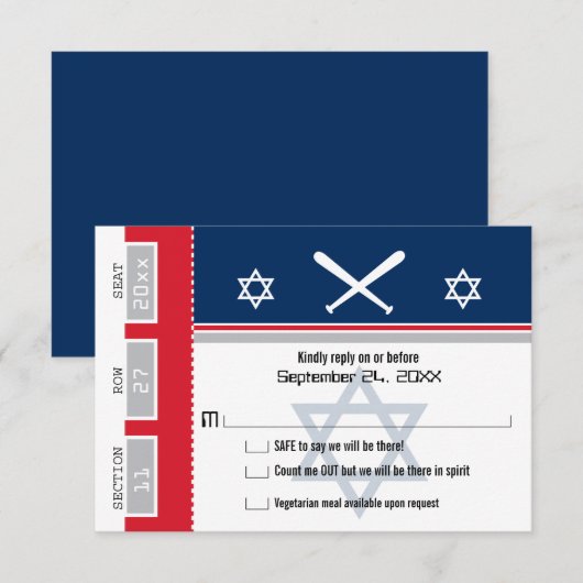 Rood en Blauw Bar Mitswa Baseball Ticket RSVP Kaartje (Voorkant / Achterkant)