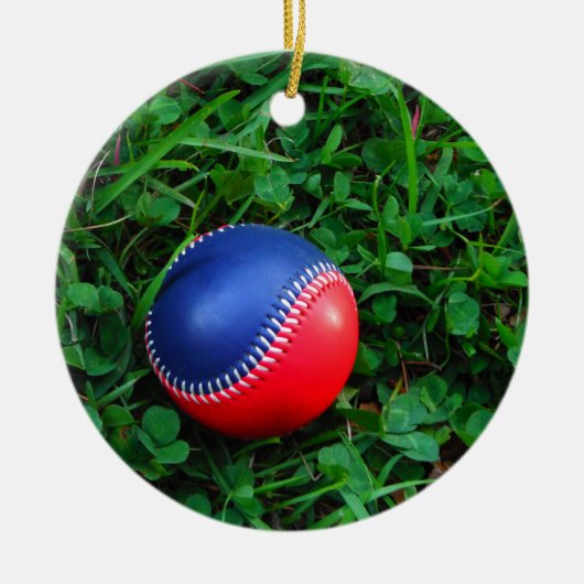 Rood- en blauw Baseball met witte onderdruk Keramisch Ornament (Voorkant)