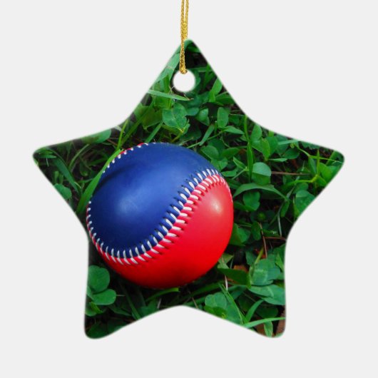 Rood- en blauw Baseball met witte onderdruk Keramisch Ornament (Voorkant)