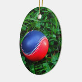 Rood- en blauw Baseball met witte onderdruk Keramisch Ornament (Links)